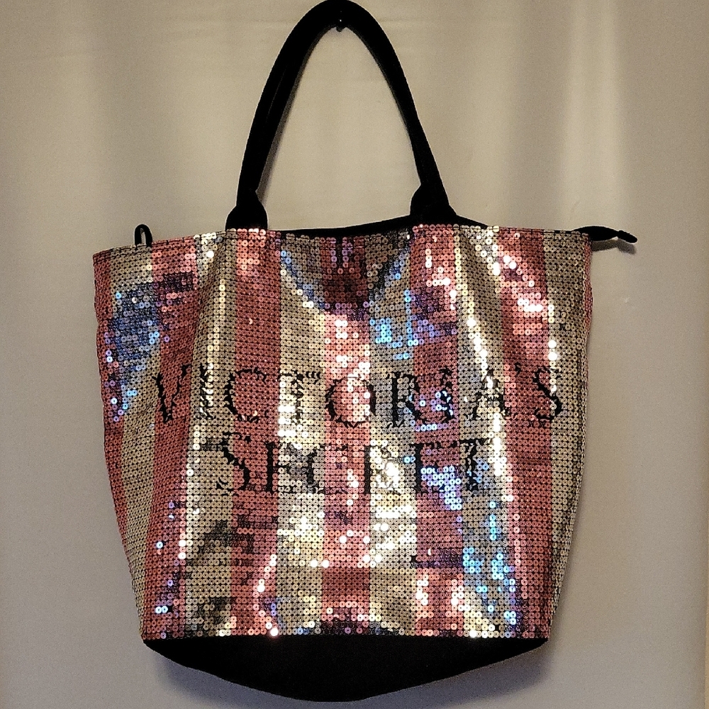 Victoria's Secret Pink and Black Tote Bag with Sequin Design